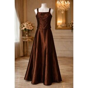 Jessica McClintock Y2K Brown Satin Embroidered Two-Piece Gown Top SZ 10 Skirt 8